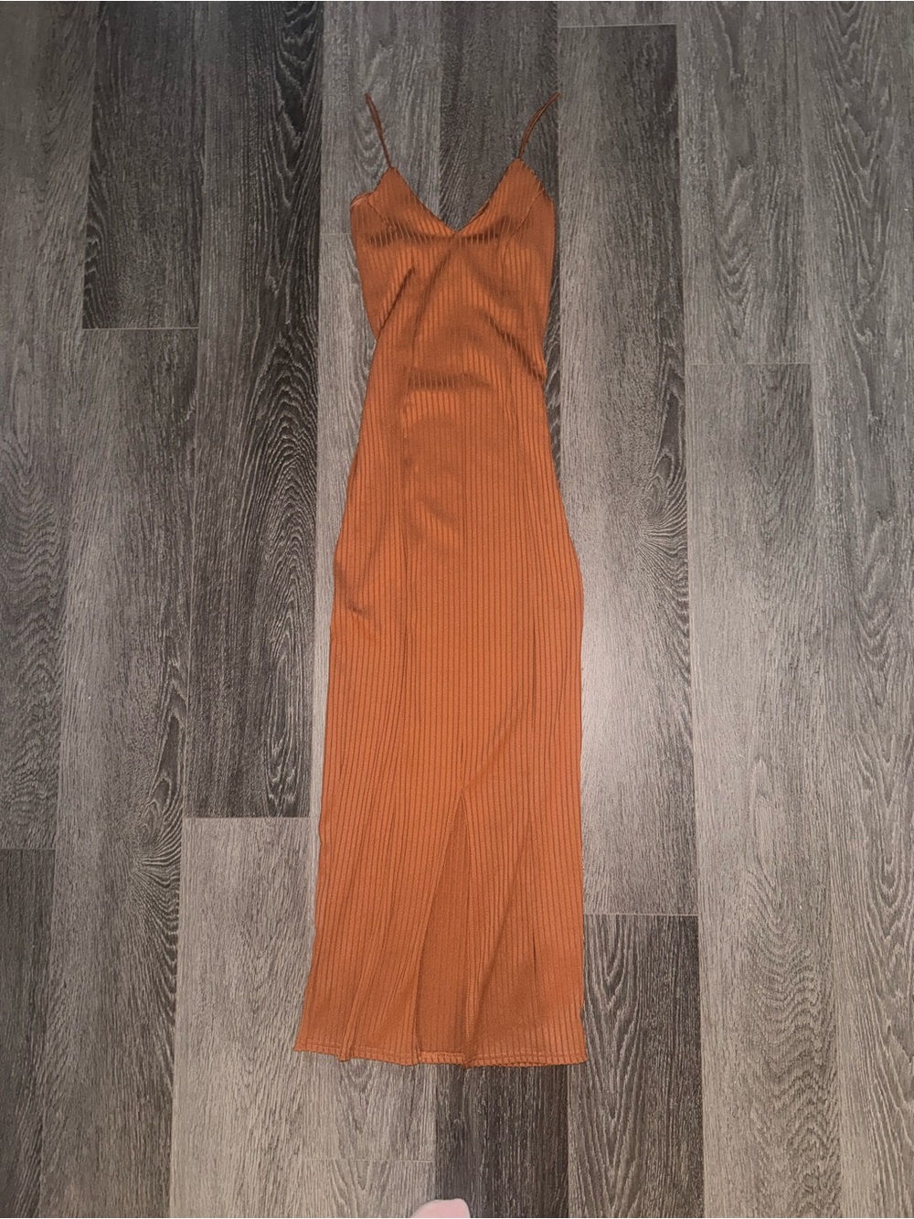 PrettyLittleThing Rust Orange Ribbed Maxi Slip Dress